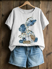 Frauen Kaninchen Patchwork Kunstdruck Casual Top