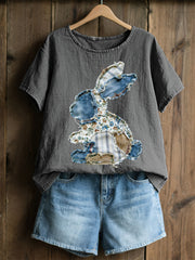 Frauen Kaninchen Patchwork Kunstdruck Casual Top