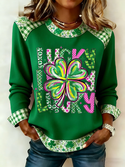 Damen St. Patrick's Day Lucky Shamrock Print Casual Waffel Sweatshirt