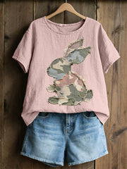 Frauen Kaninchen Patchwork Kunstdruck Casual Top