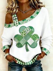 Damen St. Patrick's Day Floral Shamrock Print Lässiges Schulter freies Waffel oberteil