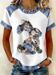 Frauen Kaninchen Patchwork Kunstdruck Casual T-Shirt
