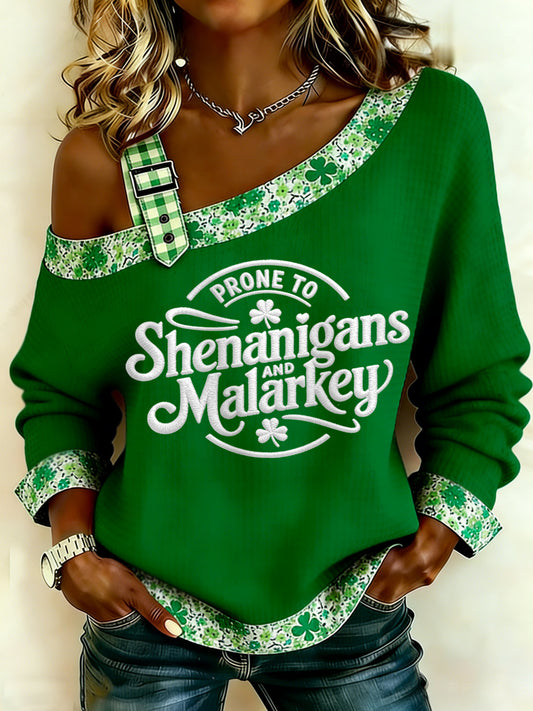 Women's Funny St. Patrick's Day Anfällig für Shenan igans und Malarkey Print Casual Waffel Off-Shoulder Top