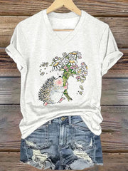 Damen süßes Igel-Print Kurzarm-T-Shirt