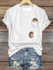 Damen süßes Igel-Print Kurzarm-T-Shirt