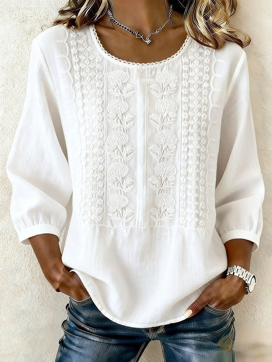 Damen-Floral-Baumwoll-Leinen-Freizeit-T-Shirt