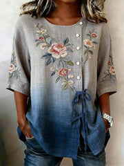 Damen-Hemd mit Blumen knöpfen aus Leinen mischung