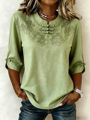 Frauen Baumwolle und Leinen besticktes T-Shirt