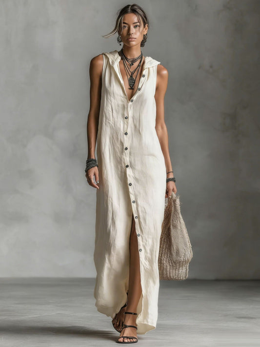 Damen lässiges, lockeres, ärmelloses einreihiges, einreihiges Kapuzen kleid aus Baumwolle