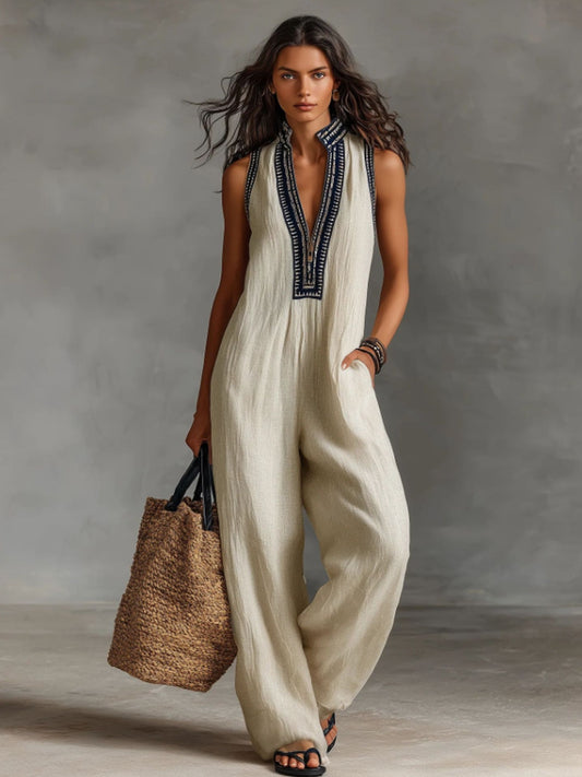 Damen einfarbiger ärmelloser Leinen overall