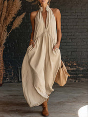 Frauen ärmelloses Stehkragen einfarbiges langes Baumwoll-Leinen-Boho-Kleid