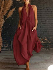 Frauen ärmelloses Stehkragen einfarbiges langes Baumwoll-Leinen-Boho-Kleid