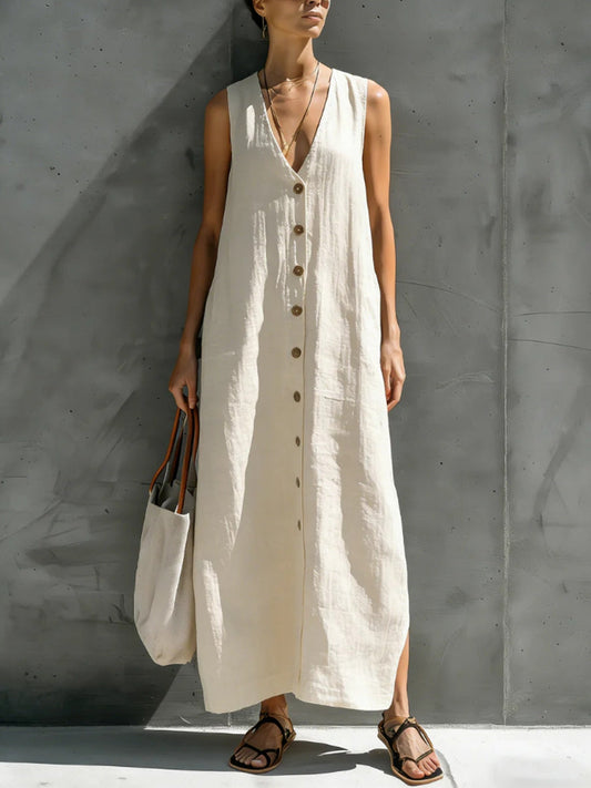 Ärmelloses langes Kleid aus Baumwoll-Leinen mit V-Ausschnitt und Knopf