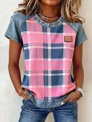 Damen-Plaid-Print-Denim-Patchwork-Top