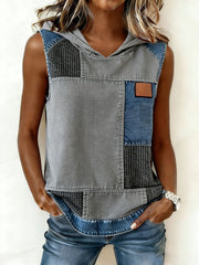 Damen Einfaches Denim-Patchwork-Kapuzenoberteil