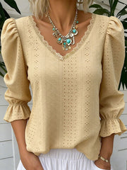 Damen-Spitzen-getretene 3/4-ärmel ige Openwork-Shirt