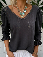 Damen-Spitzen-getretene 3/4-ärmel ige Openwork-Shirt