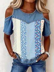Elegantes Damen-Top aus Denim im Patchwork-Stil mit floralem Muster