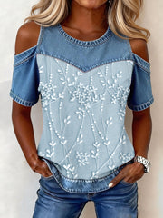 Elegantes Damen-Top aus Denim im Patchwork-Stil mit floralem Muster
