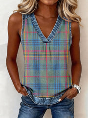 Damen Vintage Plaid Print Denim Patchwork V-Ausschnitt Top