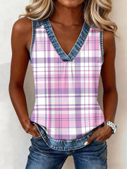 Damen-Jeans-Patchwork-Top mit V-Ausschnitt, lila Plaid-Print