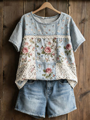 Damen-Rosenprint-Lässiges T-Shirt