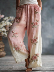 Damenhose aus Leinenmischgewebe mit rosa Rosenblütenmuster
