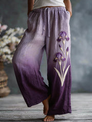 Leinen mischhose mit violettem Iris muster für Damen