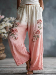 Damenhose aus Leinenmischgewebe mit rosa Rosenblütenmuster
