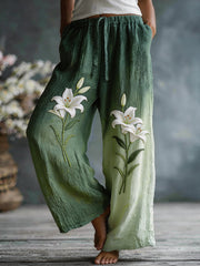 Damenhose aus Leinenmischgewebe mit blühendem-Lilien-Muster