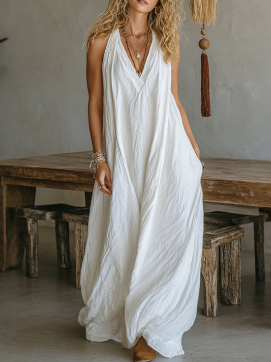 Damenkleid aus Baumwolle und Leinen, ärmellos, locker geschnitten, mit Taschen