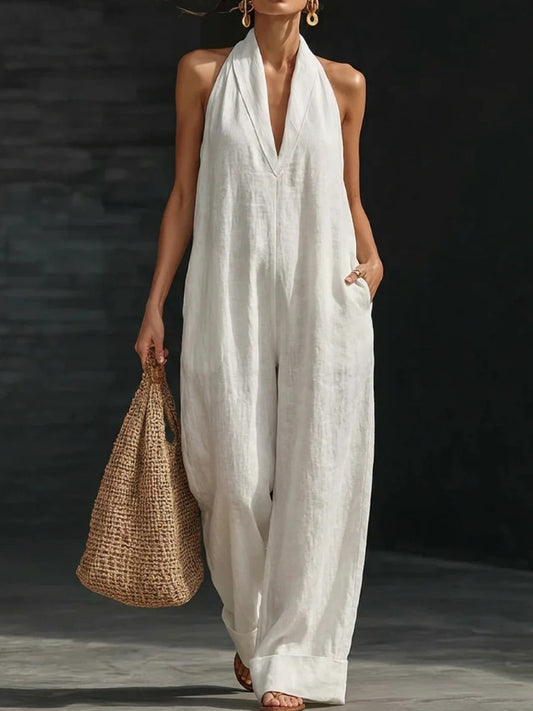 Damen eintöniger Baumwoll-Leinen-Overall ohne Ärmel