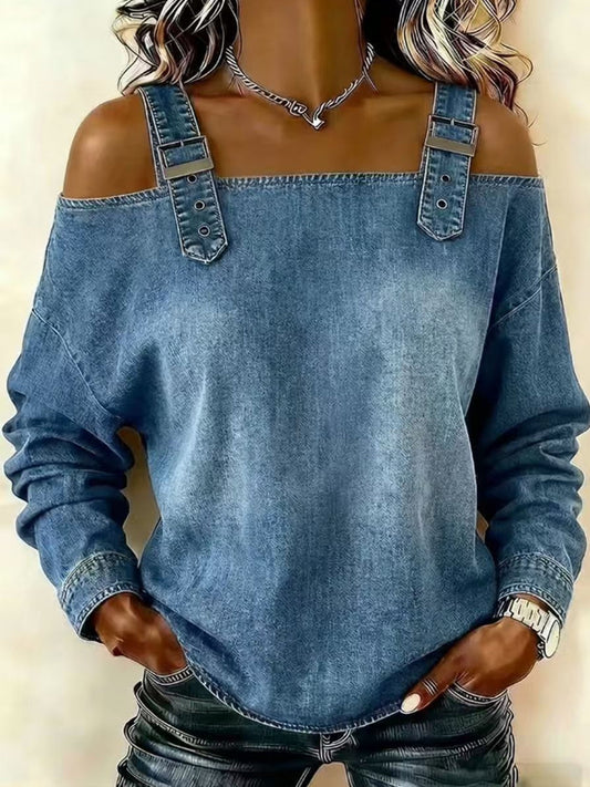 Damen-Off-Shoulder-Denim-Top mit langen Ärmeln und Schulterträgern
