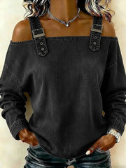 Damen-Off-Shoulder-Denim-Top mit langen Ärmeln und Schulterträgern