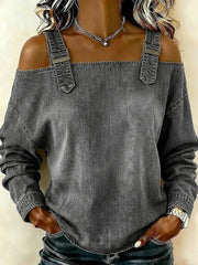 Damen-Off-Shoulder-Denim-Top mit langen Ärmeln und Schulterträgern