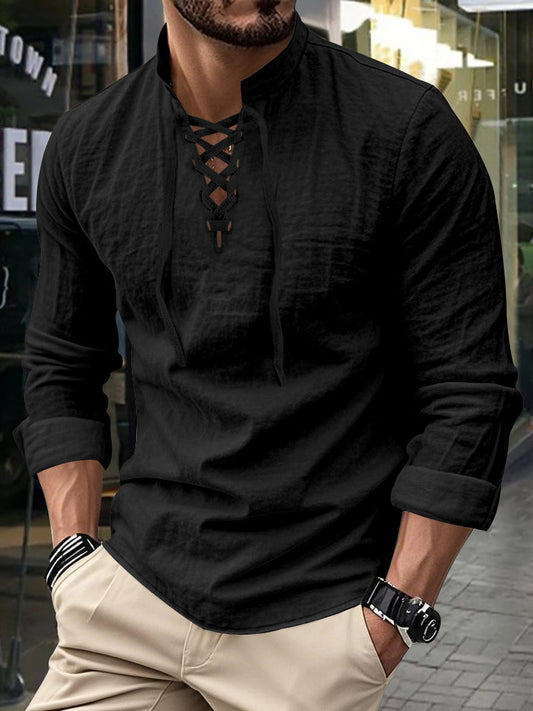 Herren Vintage Langarm-V-Neck-Linen-Oberteile