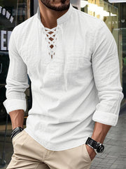 Herren Vintage Langarm-V-Neck-Linen-Oberteile