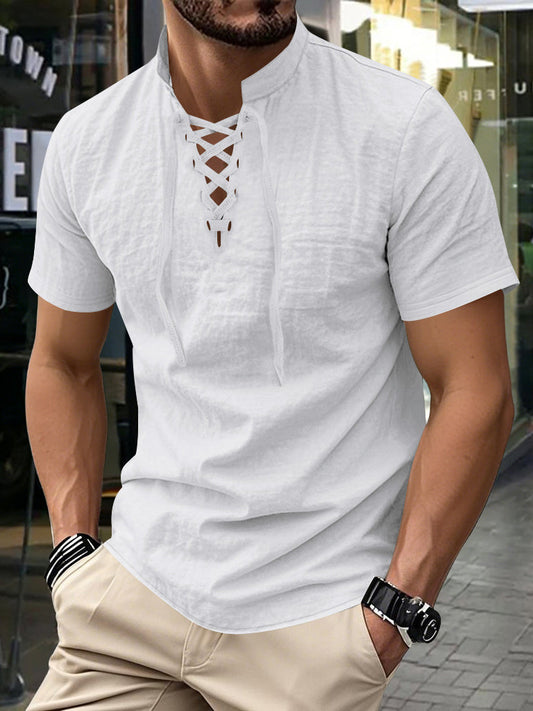 Herren-Vintage-Linienoberteile mit kurzen Ärmeln und V-Ausschnitt