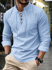 Herren Vintage Langarm-V-Neck-Linen-Oberteile