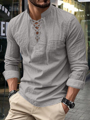 Herren Vintage Langarm-V-Neck-Linen-Oberteile