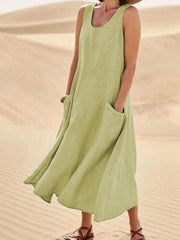 Damen lässiges elegantes ärmelloses Baumwoll-Midi-Kleid