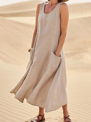 Damen lässiges elegantes ärmelloses Baumwoll-Midi-Kleid