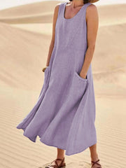 Damen lässiges elegantes ärmelloses Baumwoll-Midi-Kleid