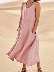 Damen lässiges elegantes ärmelloses Baumwoll-Midi-Kleid