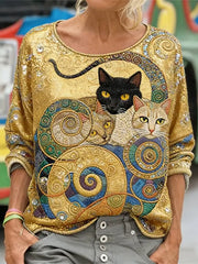 Lustige Glitzer-Katzen-Kunst-Langarm-Sweatshirt für Damen