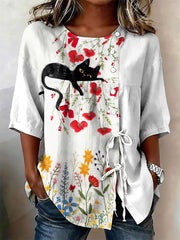 Damen-Top aus Baumwolle mit Katzen- und Blumenmuster und Schnürung