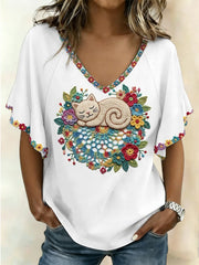 Damen-T-Shirt mit Katzenmotiv und kurzen Ärmeln