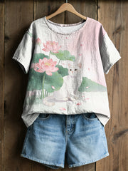 Damen-Plants-and-Flowers-niedliches-Katzen-Print-Casual-T-Shirt