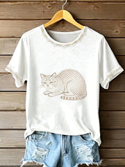 Damen-T-Shirt mit Katzenmotiv und kurzen Ärmeln