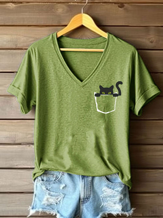 Niedliche Katze bedrucktes Kurzarm-T-Shirt für Frauen
